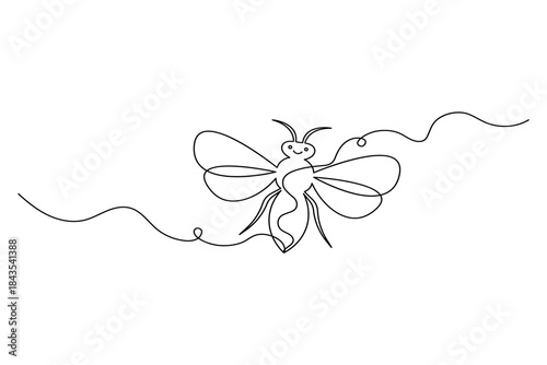 Continuous line drawing flying bee with happy face