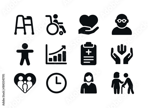 Age Care Icons. Age-related care. Solid icon set of age-related