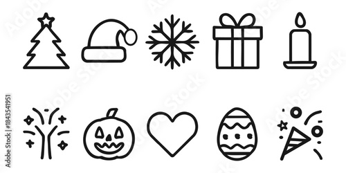 Collection of simple black and white holiday and celebration icons