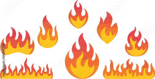 Fire flame vector elements collection illustrating heat and burning danger with various shapes