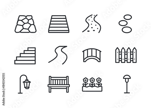 Garden Path Icons. Garden pathways. Line icon set of Garden path