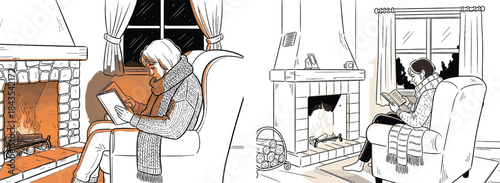 Relaxing by a glowing fireplace, a woman reads a captivating book on a cold evening