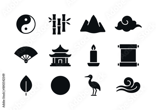 Taoist Symbols Grid. Taoism. Solid icon set of Taoism: yin yang,