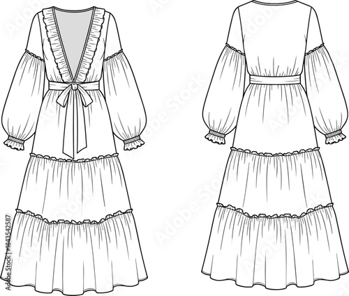 Women's ruffled maxi dress technical fashion flat illustration showing front and back views with tie belt and tiered skirt