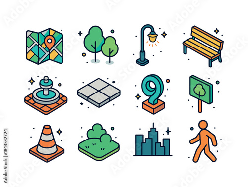 Colorful Urban Icons Grid. Urban design. Colorful isometric vect