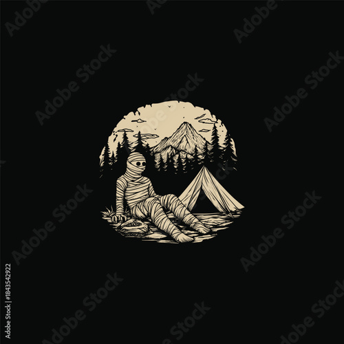 Vintage mummy character relaxing by a campfire in front of a tent with mountain forest landscape, hand drawn outdoor adventure illustration isolated on white background