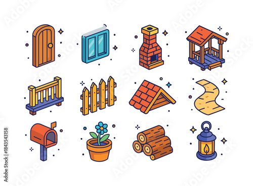 Cabin Exterior Icons. Cabin Exterior Details. Colorful isometric