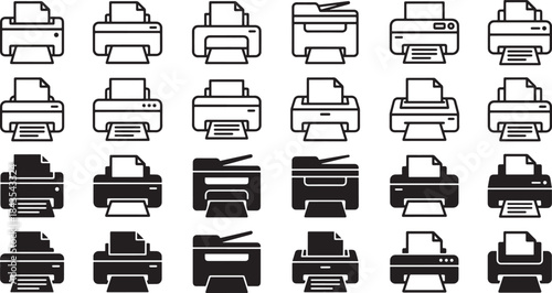 Line Art and Solid Black Icon Set Representing Modern Office and Home Devices, Including Printers, Scanners, and Multi-Function Copy Machines.