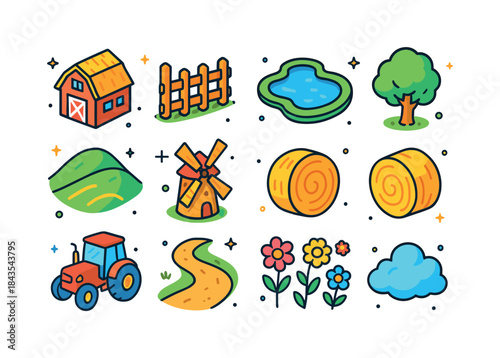 Colorful Farm Icons. Farm Scenery. Colorful isometric vector ico