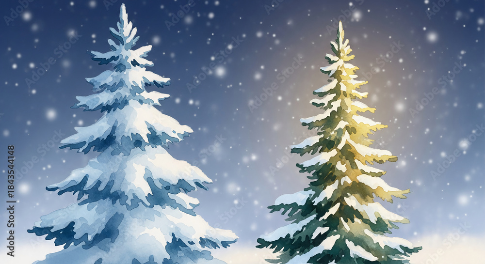 Obraz premium Watercolor painting of two pine trees covered in snow against a blue gradient background with falling snowflakes, representing winter and holiday season
