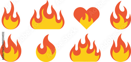Eight vibrant vector flame icons including a heart shape, illustrating warmth and passion on a dark background