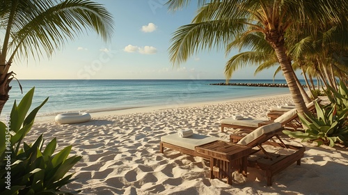 Luxury beach resort setup with sunbeds, towels, inflatable ring and calm sea, photorealistic style.