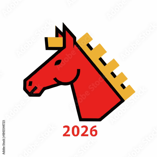 Year of the Horse 2026 emblem graphic with red horse head and castle-like mane