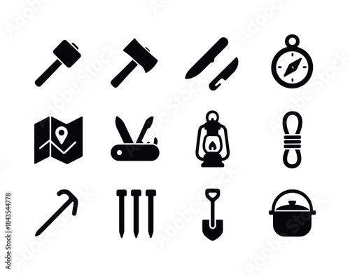 Camping Essentials Icons. Camping tools. Solid icon set of campi