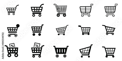Fifteen Shopping Cart Icons In Black Silhouette Representing Retail And Consumerism