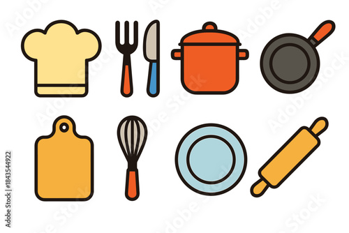 Colorful kitchen utensils set: chef hat, cutlery, pots, pans, and accessories