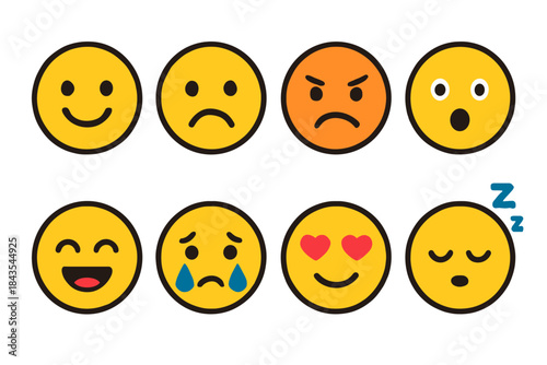 Set of eight colorful emoji faces expressing various emotions