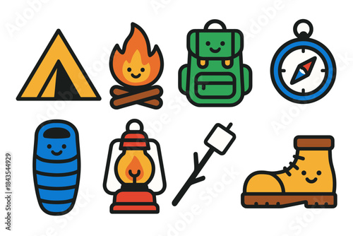 Colorful camping icons: tent, campfire, backpack, compass, sleeping bag, lantern, marshmallow, boot