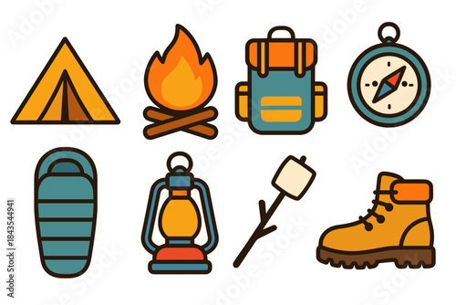 Camping gear icons: tent, campfire, backpack, compass, sleeping bag, lantern, marshmallow, boot