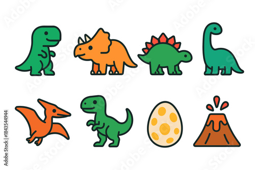 Cartoon dinosaurs and prehistoric volcano with egg illustration