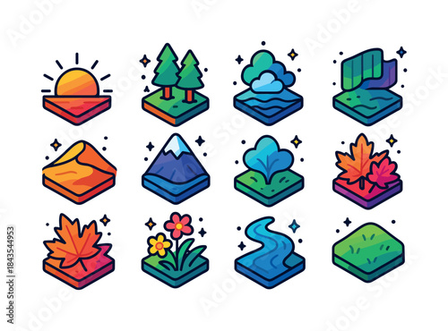 Nature Gradient Icons. Nature gradients. Colorful isometric vect