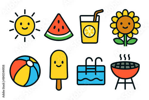 Summer icons: sun, watermelon, lemonade, sunflower, beach ball, popsicle, pool, grill