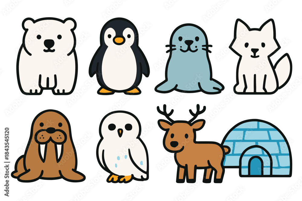 Fototapeta premium Cute arctic animals: polar bear, penguin, seal, fox, walrus, owl, reindeer, igloo