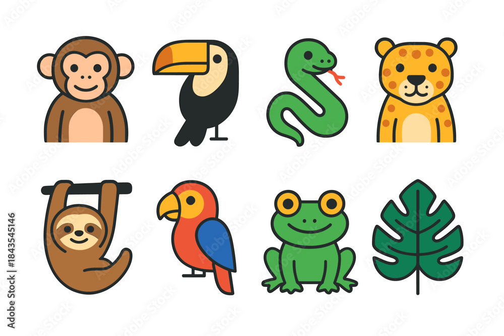 Fototapeta premium Cute jungle animals: monkey, toucan, snake, leopard, sloth, parrot, frog, leaf