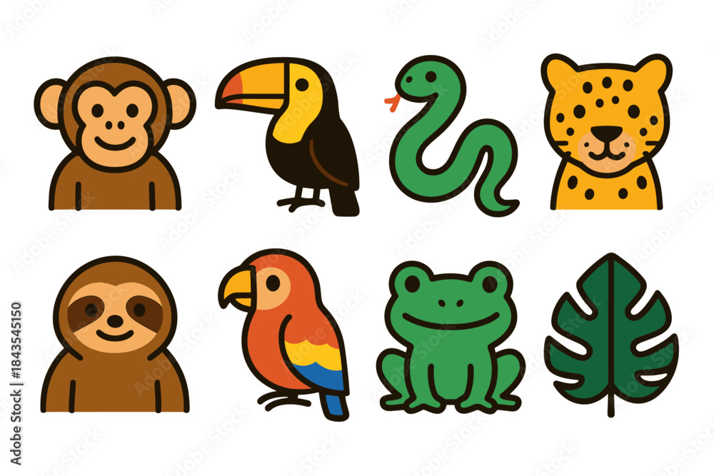 Obraz premium Colorful jungle animals collection with monkey, toucan, snake, leopard and more