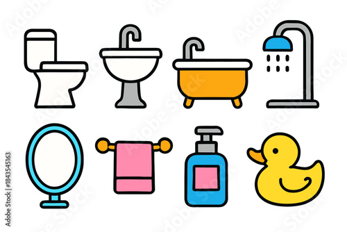 Colorful bathroom icons set featuring toiletries and fixtures