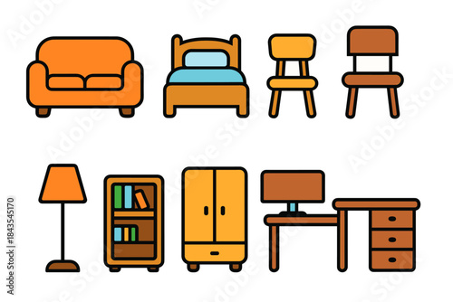 Colorful cartoon furniture set with sofa, bed, chairs, lamp, bookshelf, wardrobe, desk