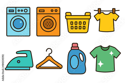 Colorful laundry icons: washing machine, basket, clothesline, iron, hanger, detergent, shirt