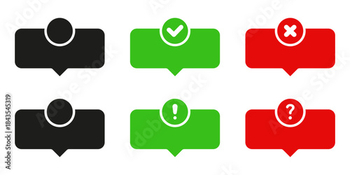 Speech Bubble Frame Border Set With Status Indicators. Communication And Feedback Symbols Collection. Checkmark, Cross, Exclamation and Question Mark. Isolated Vector Illustration