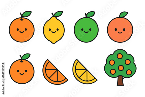 Cute smiling citrus fruits and tree with oranges in simple art style