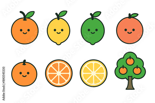 Cute smiling citrus fruits with tree illustration