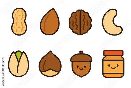 Cute cartoon nut icons: peanut, almond, walnut, cashew, pistachio, hazelnut, acorn, peanut butter