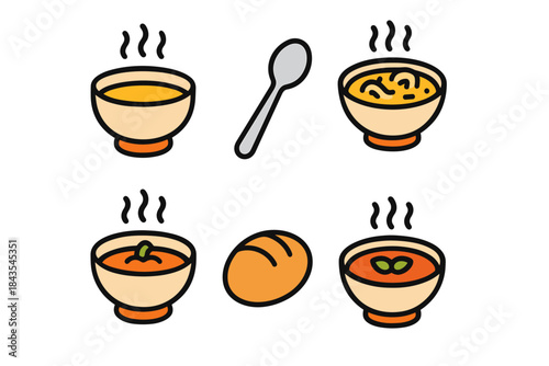 Assorted bowls of soup and bread with spoon illustration