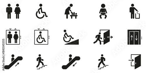 Public Facility And Accessibility Icons Solid Icon Set. Restroom, Wheelchair Access, Baby Changing and Exit Symbol Collection. Navigation And Accessibility Guidance. Isolated Vector Illustration
