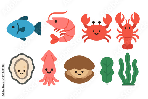 Cartoon sea creatures collection with crab, lobster, squid, and fish