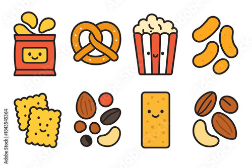 Cute cartoon snack collection: popcorn, pretzels, nuts, and more