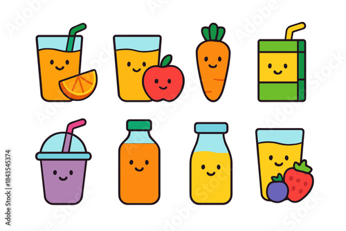 Cute kawaii fruit and vegetable juice carton characters
