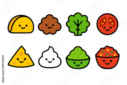 Cute smiling food icons with taco, leafy green, cheese, and tomato