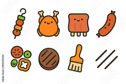 Cute cartoon bbq icons featuring chicken, sausage, kebab, grill and bbq tools