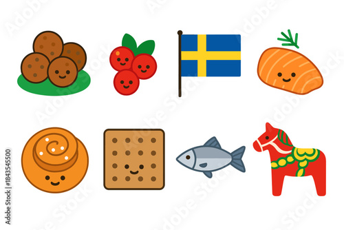 Cute swedish icon set: meatballs, lingonberries, flag, salmon, cinnamon roll, crispbread, fish, dala horse