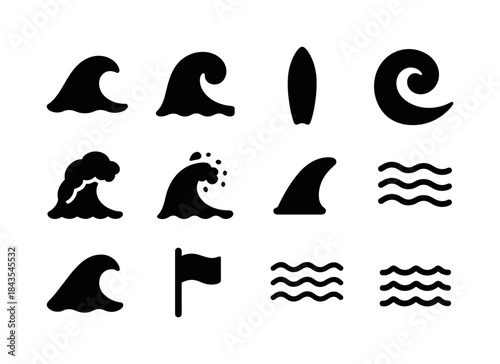 Surfing Icon Set. Surfing waves. Solid icon set of Surfing waves