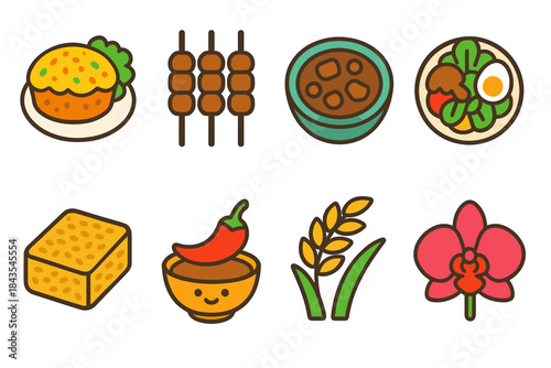 Colorful icons of asian cuisine and nature elements with food and flowers