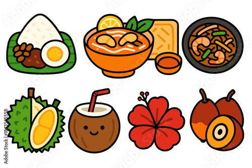 Colorful collection of asian foods and tropical fruits