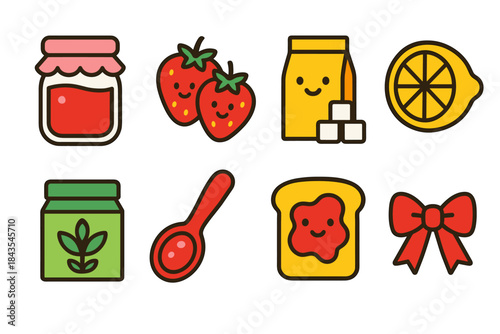 Cute food icons: jam, strawberries, lemon, sugar, herb jar, spoon, toast, and bow