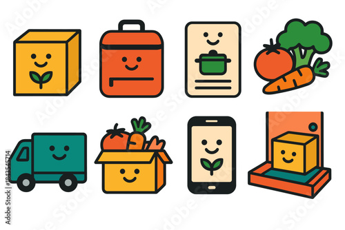 Eco-friendly food delivery icons featuring smiling boxes and fresh produce