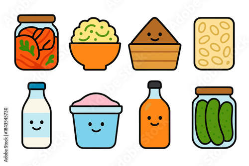 Cute cartoon food icons: pickles, milk, sauerkraut, kimchi, milk, sauce, bottle, peanuts